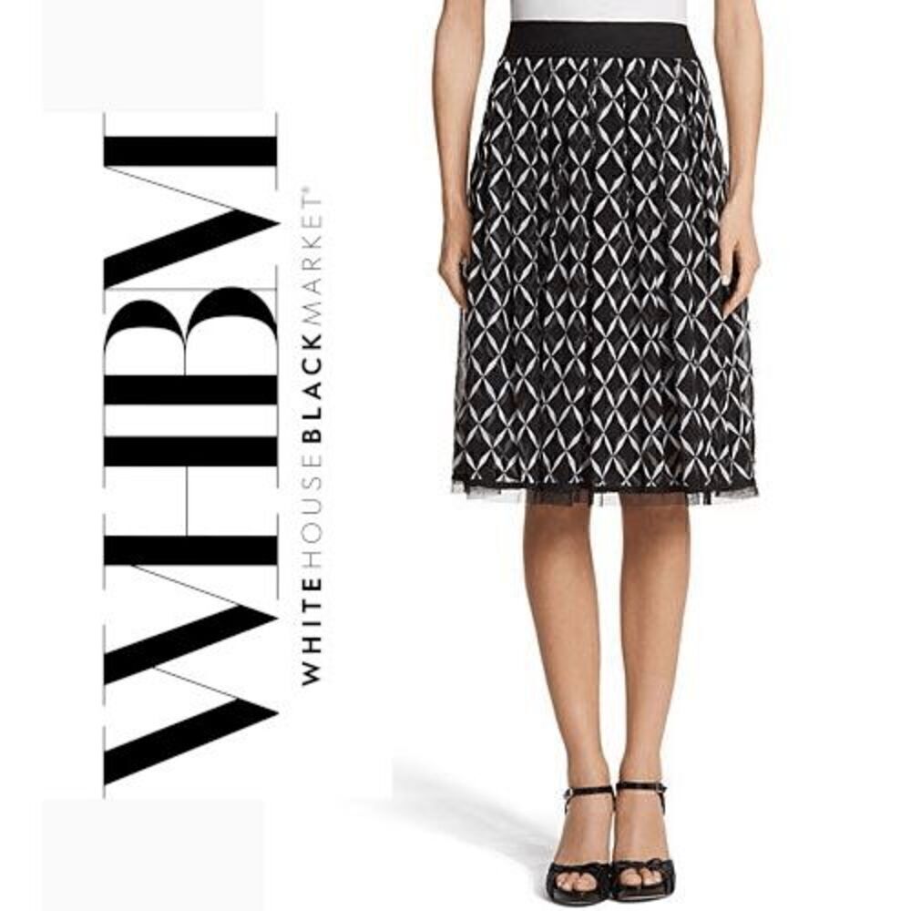 🖤🤍 WHITE HOUSE BLACK MARKET Geo Print Black White Tulle Trim Midi Skirt SIZE 2